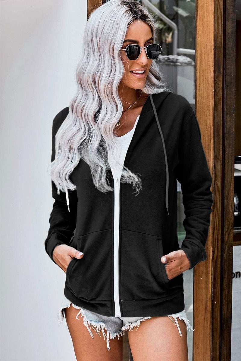 WROLEM Women Casual Zip Up Hoodie Lightweight Comfy Loose Long Sleeve Sweatshirt Solid Color With Pockets Black - Image 4
